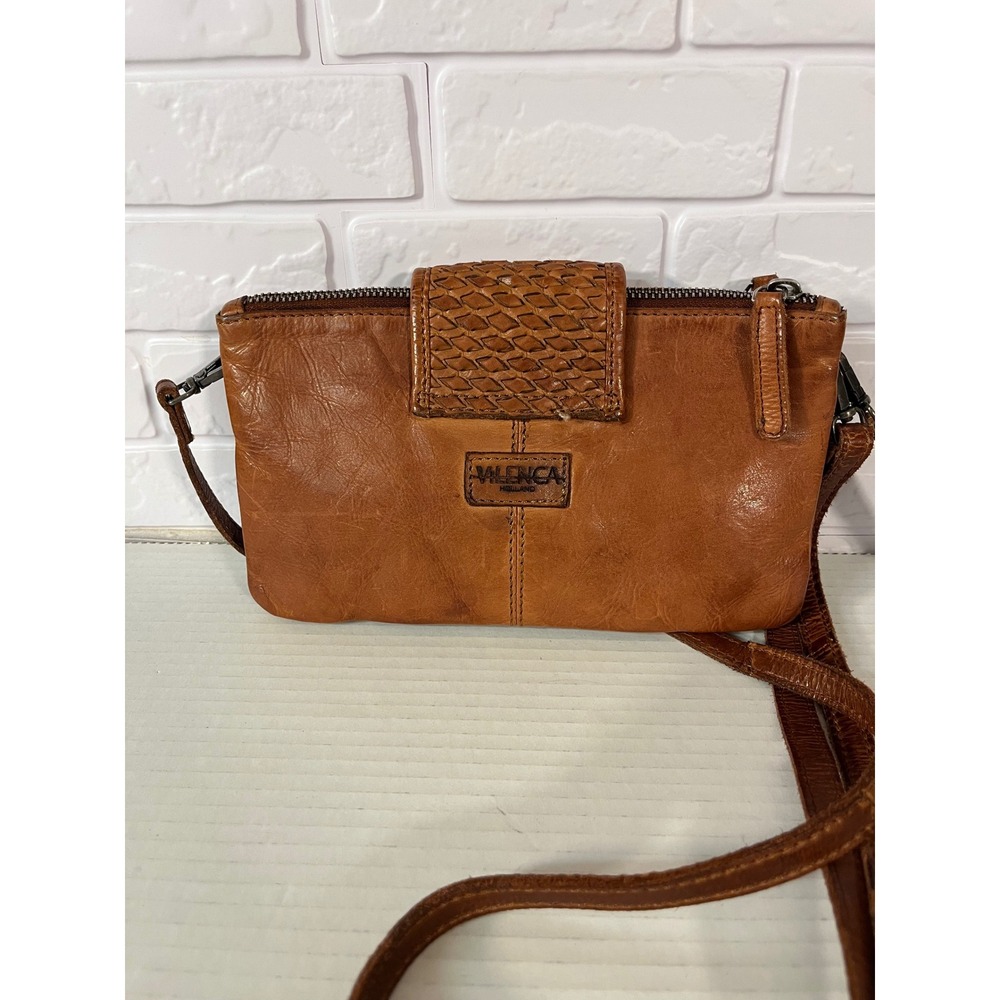 Valenca Crossbody Bag Womens Small Tan Leather Woven Flap Triple Zip Pocket
